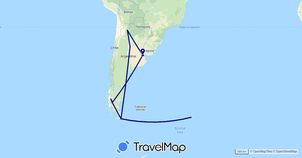 TravelMap itinerary: driving in Argentina, South Georgia and the South Sandwich Islands (Antarctica, South America)